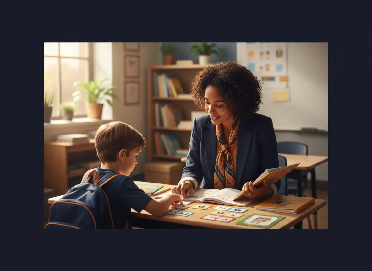 Educator guiding students with reading exercises