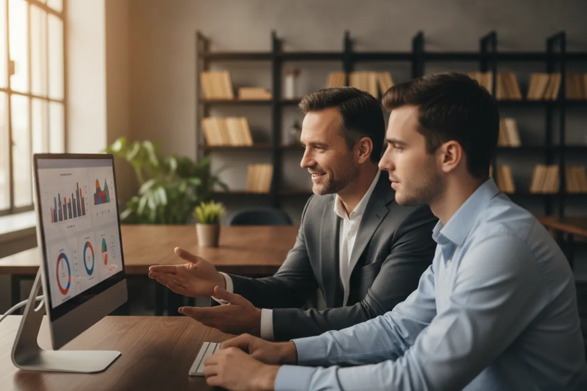 Editorial-style photo of a business mentoring scene: one man coaching another in an office, medium shot, warm natural lighting.
