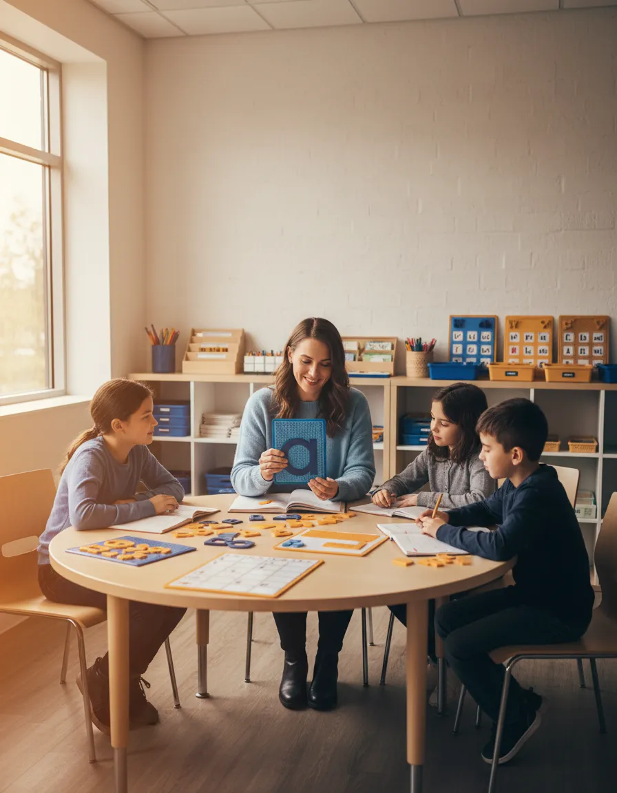 Educator leading a structured dyslexia support session with a small group