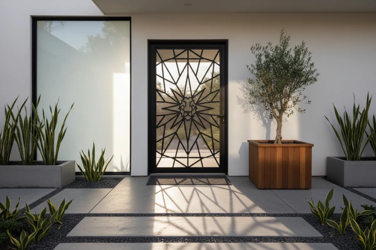 Modern home entrance with Leo security screen door, sunlight casting geometric shadows, contemporary landscaping, inviting and secure atmosphere