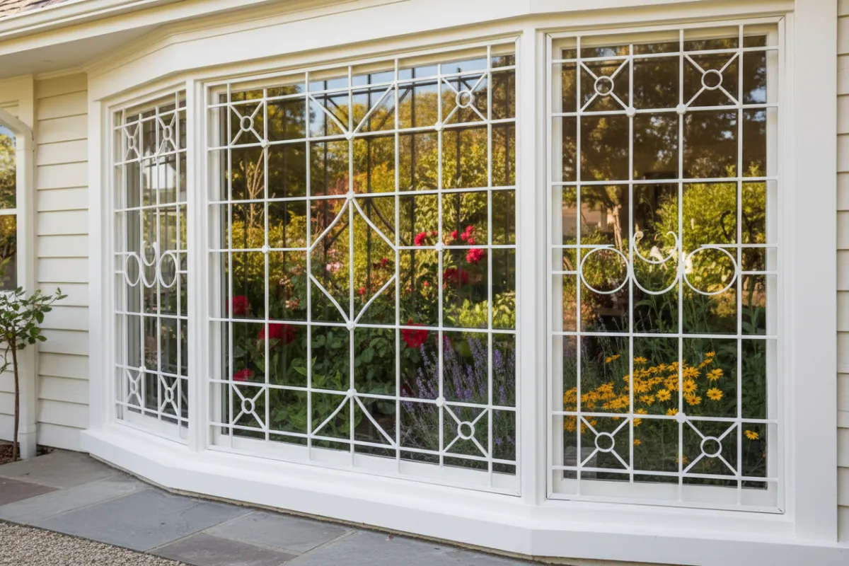 A white security screen fitted to a bay window, reflecting a lush garden in the glass. The afternoon light creates a vibrant, welcoming atmosphere, with a focus on the screen’s craftsmanship and seamless integration into the home’s design.