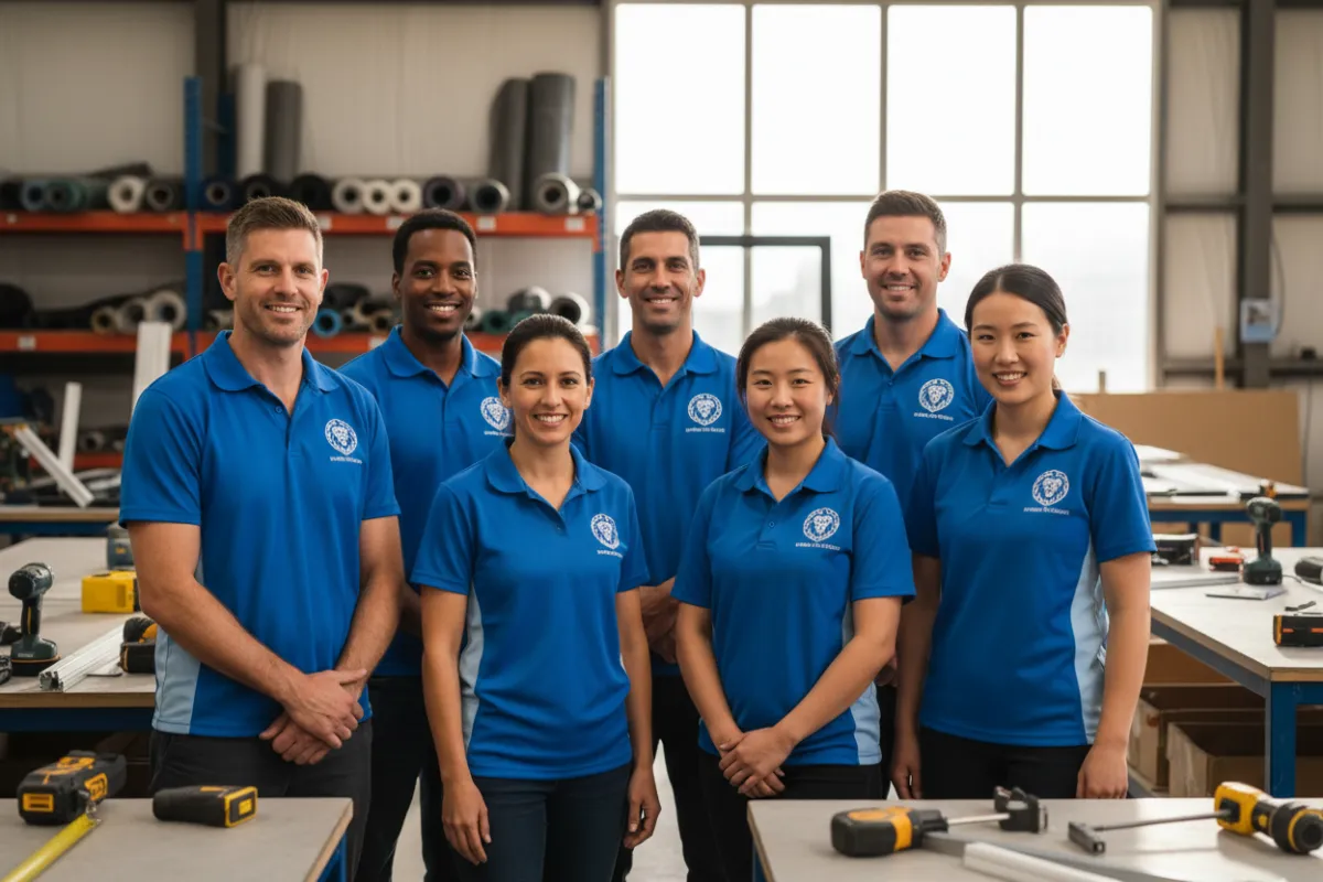 Friendly Leo Security Screens team, diverse group in branded shirts, standing in a sunlit workshop with tools and screen materials, smiling and approachable