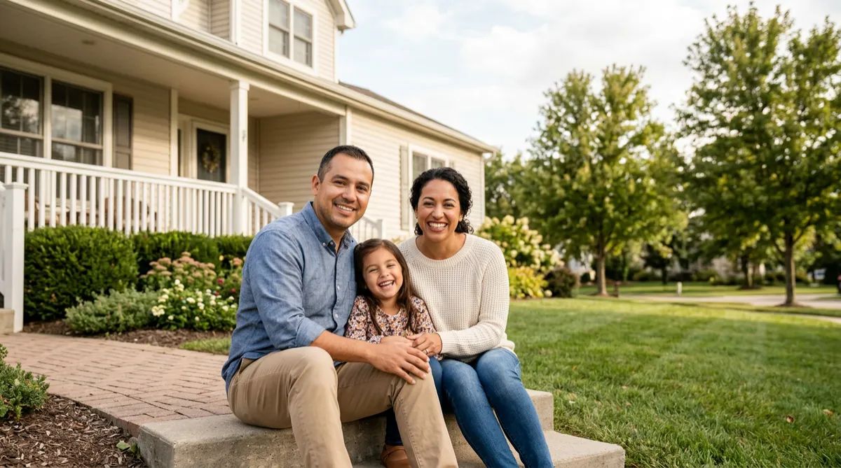 Happy family of three sitting in front of their suburban home