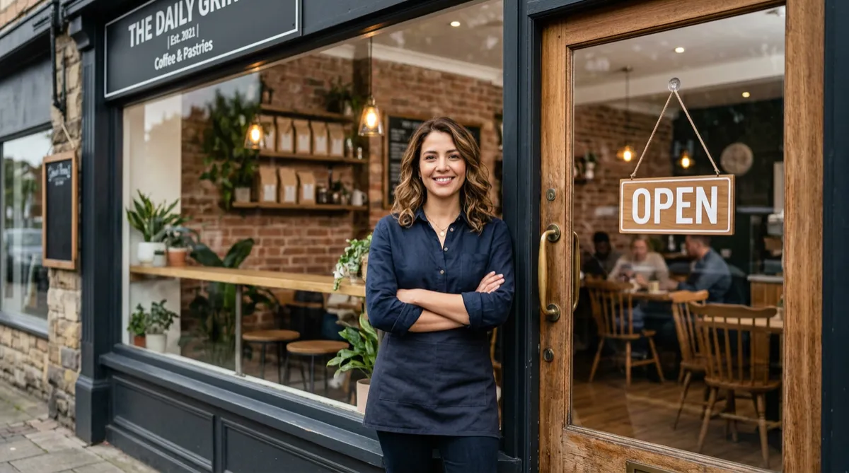 Female cafe owner standing confidently with arms crossed in front of an 'OPEN' sign
