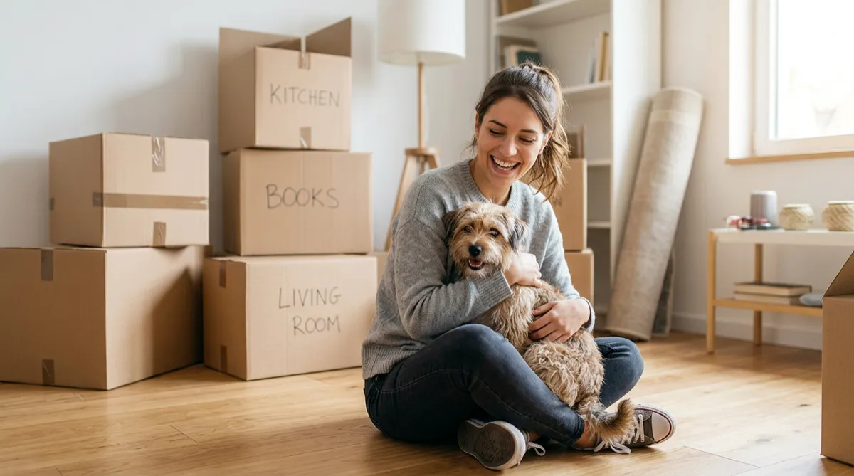 Smiling young woman sitting on the floor with a small brown dog, moving boxes in the background