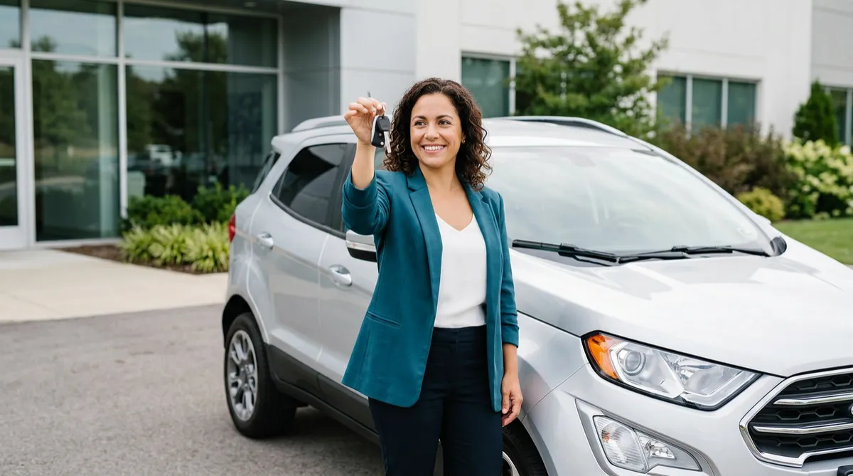 Woman smiling and holding up car keys while standing next to a car