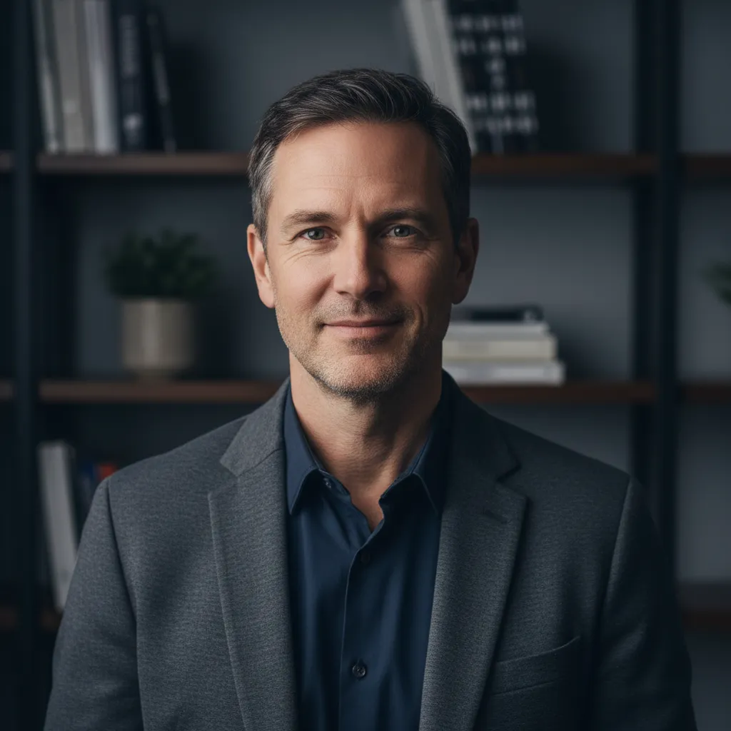 Portrait of a consultant, male, late-40s, casual blazer, subtle office shelves in soft focus, confident relaxed smile, 1:1 avatar crop, photographic realism to convey credibility and professional time savings.