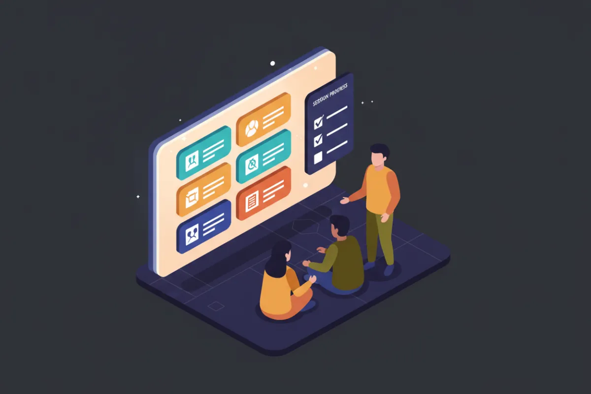 Isometric illustration of a small group gathered around a screen displaying labeled modules and session checklists, warm modern illustration palette, conveys structured live sessions and step-by-step curriculum, clean flat vectors and slight depth for clarity.