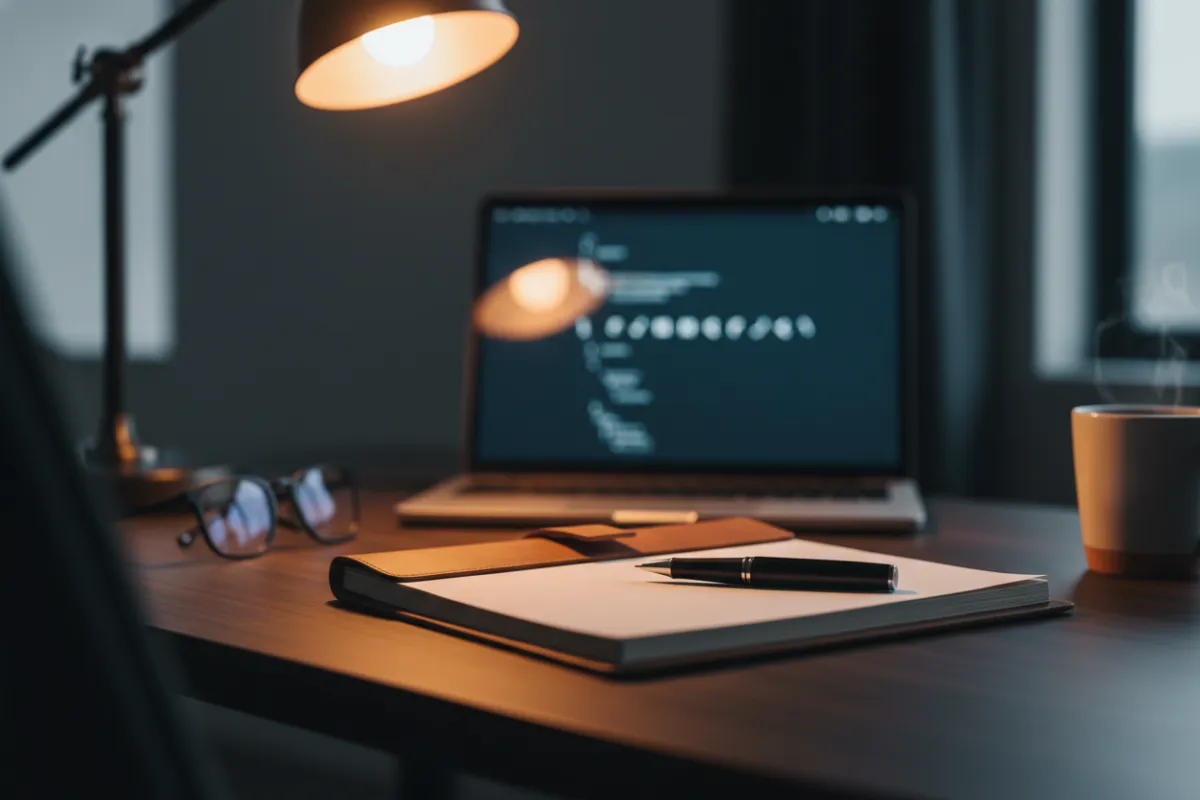 Close-up photo-style image of a notebook, pen, and a laptop screen showing a typed prompt sequence; warm desk lamp glow, shallow depth of field, modern home office vibe, conveys the moment a user moves from stuck to productive, photographic realism.