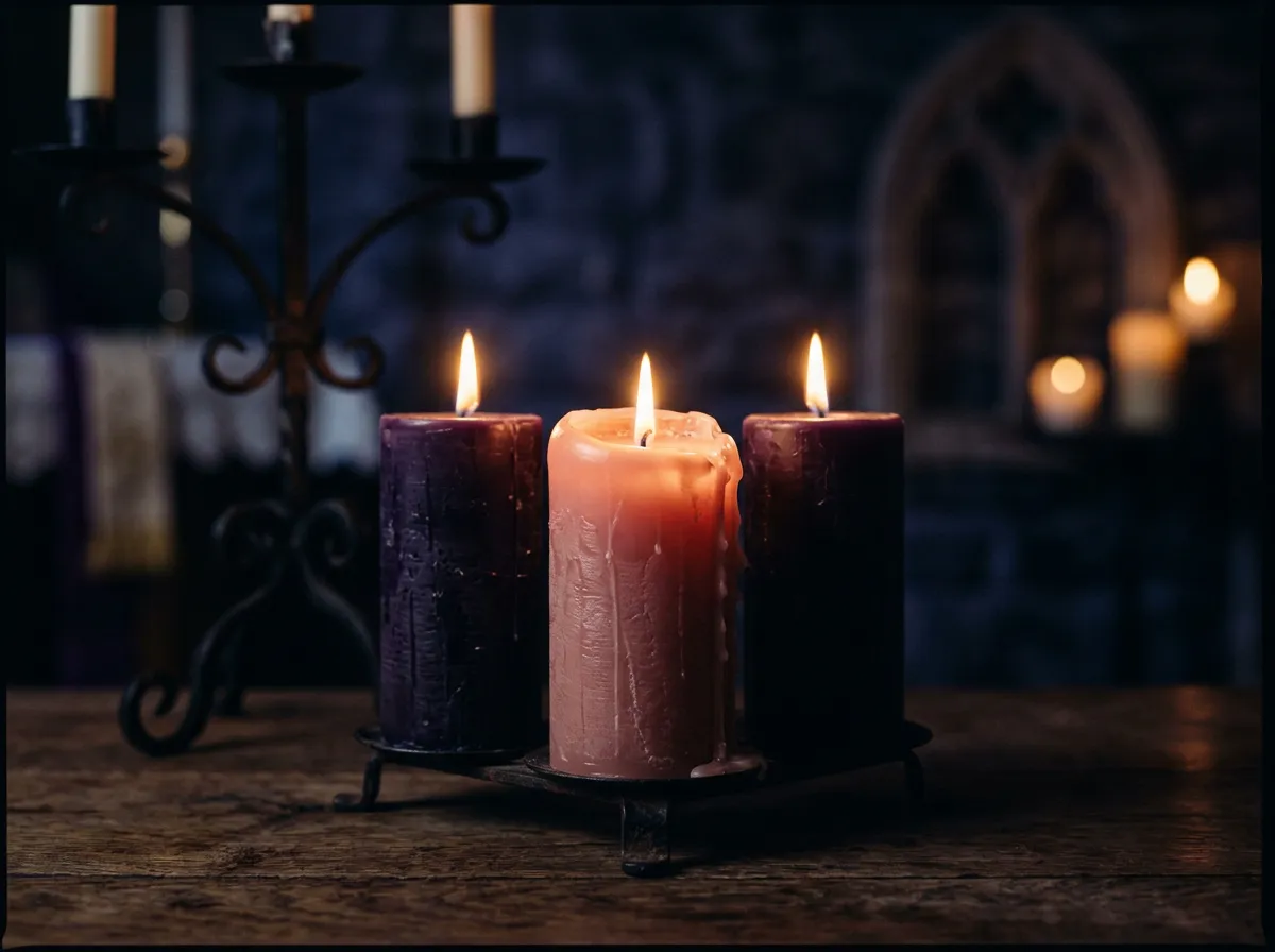 Rose candle of Joy lit with gentle golden glow in sacred sanctuary