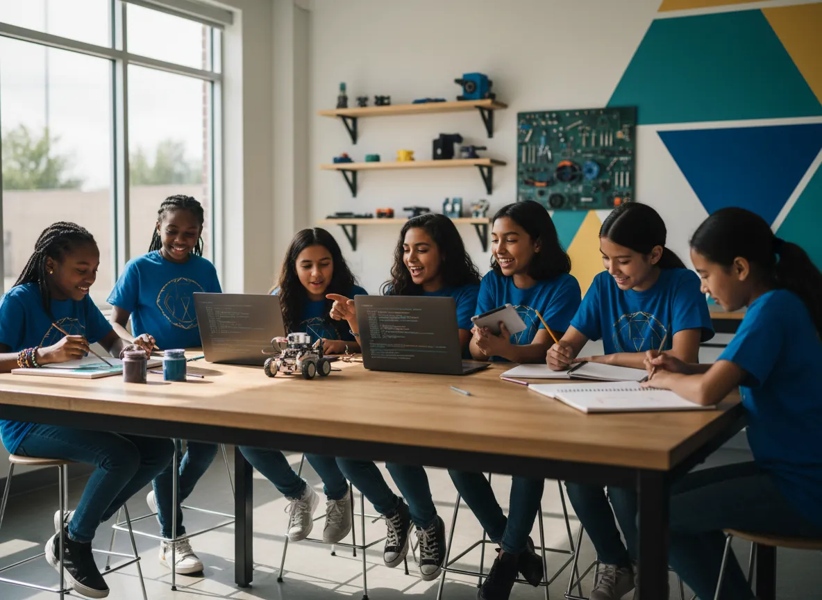 Diverse group of elementary and middle school girls collaborating on a STEM and arts project.