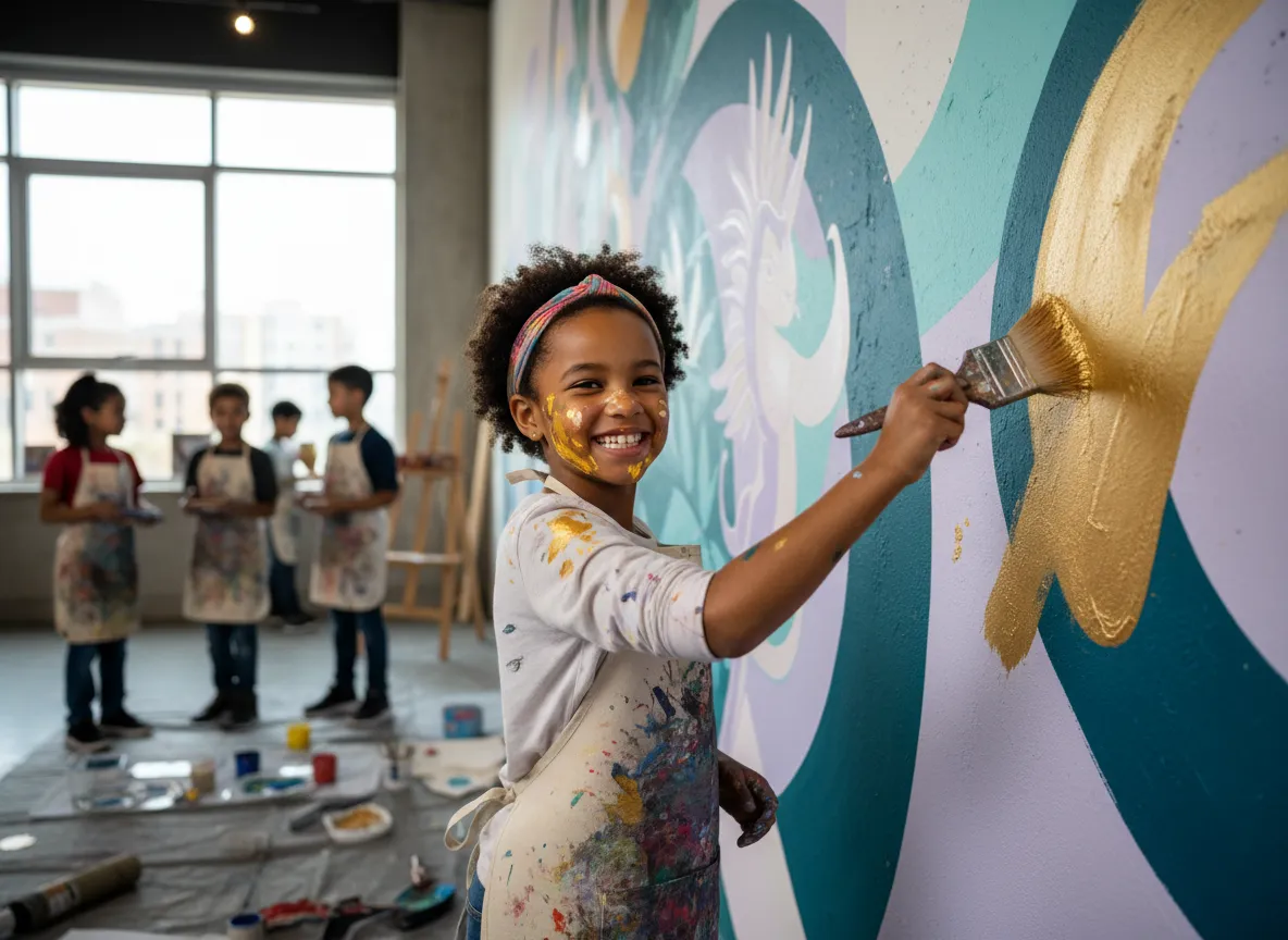 Young girl painting a colorful mural as part of an arts project.