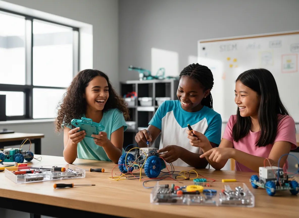 Girls of different backgrounds building a robot together at a STEM table.