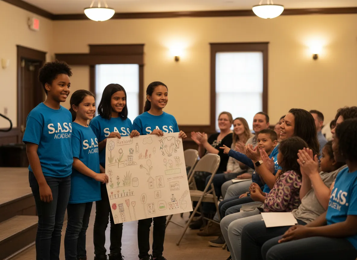 Girls in SASS Academy t-shirts presenting a community service project to families.