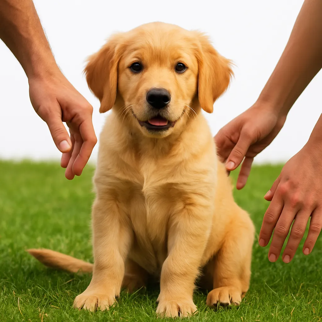 Golden puppy, 14 weeks, on grass with guardian family hands—healthy movement and growth