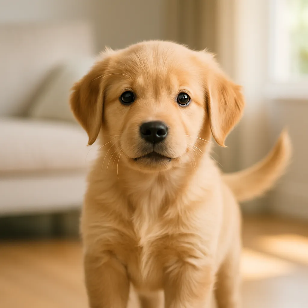 Golden puppy, 8 weeks, sunlit living room—healthy coat and bright eyes
