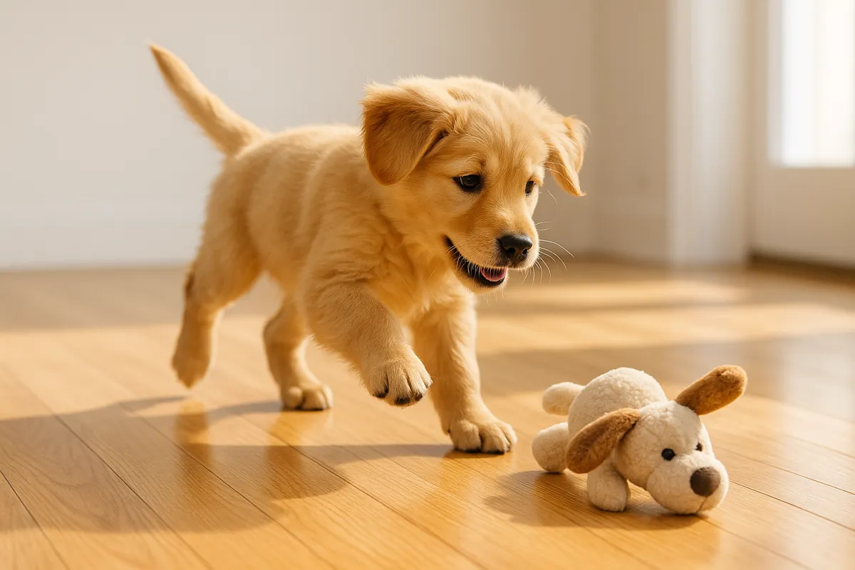 Playful golden retriever puppy chasing a plush toy on a sunlit hardwood floor