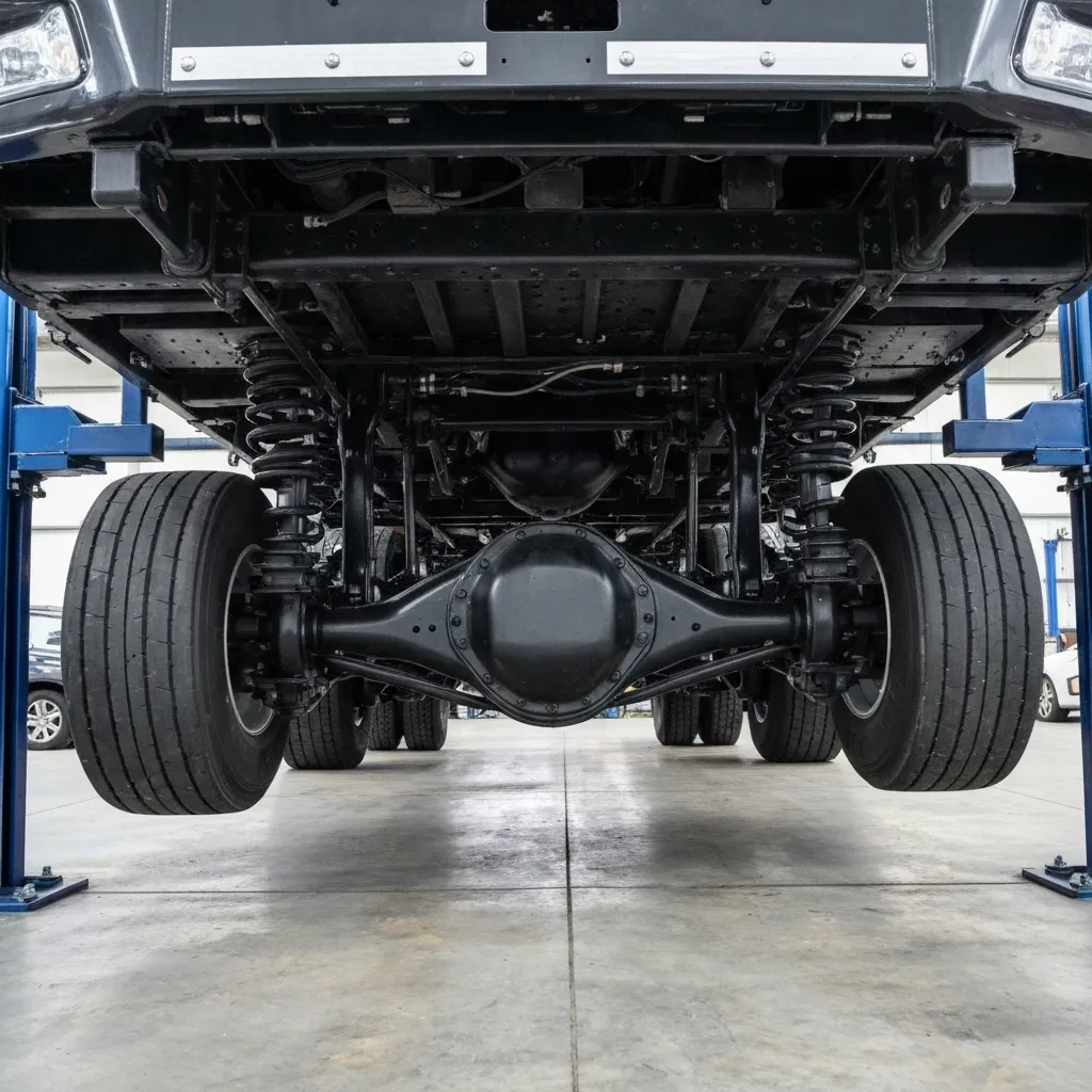 Underneath a heavy truck showing complex suspension and axle components.