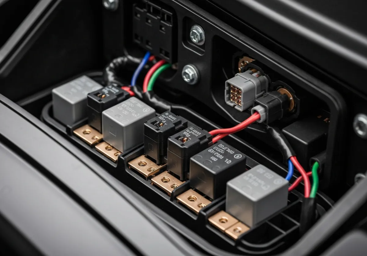 Close-up of exposed electrical wiring and relays in a vehicle component.