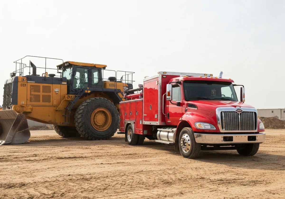 A mobile mechanic service truck parked next to a large piece of equipment in a dirt yard.