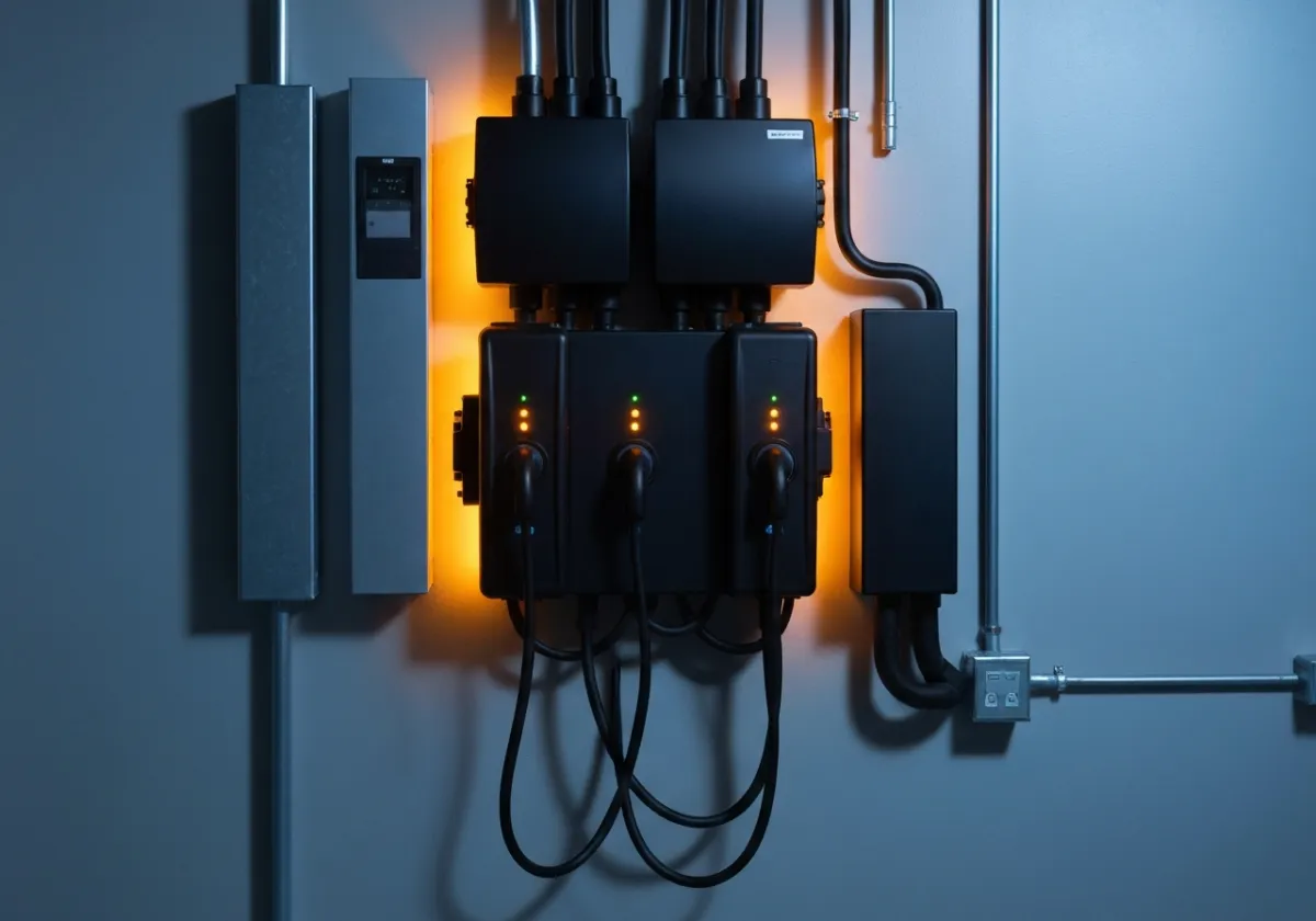 Luxury residential electrical hub with dual 22kW EV chargers and clean architectural finishes