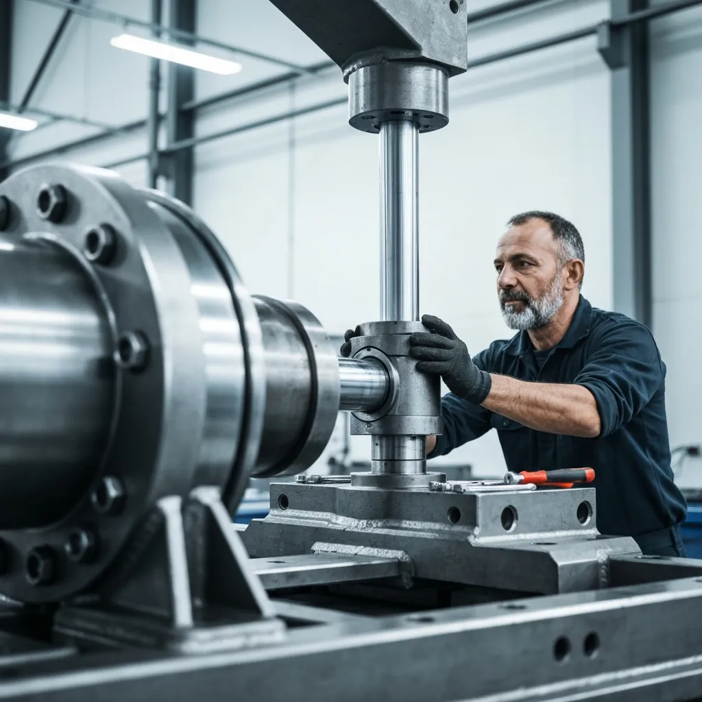 Close-up of a large metal hydraulic cylinder mechanism being worked on.