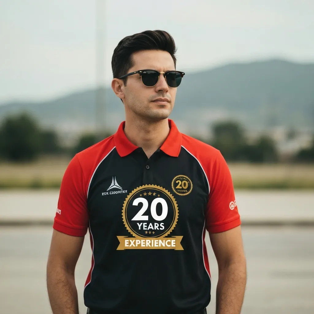 Portrait of a man wearing sunglasses and a black and red branded polo shirt, standing outdoors with a '20 Years Experience' badge overlay.