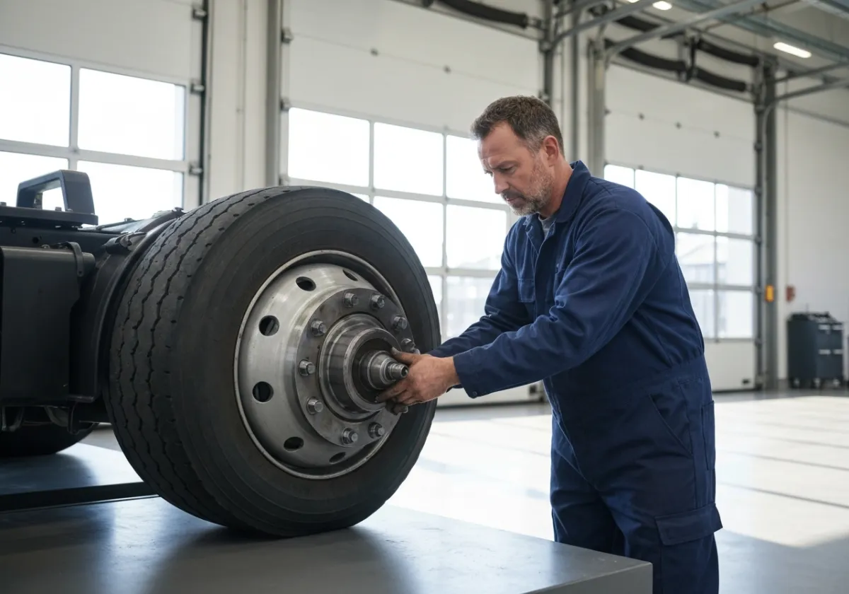 Mechanic working on the wheel hub of a heavy duty vehicle.