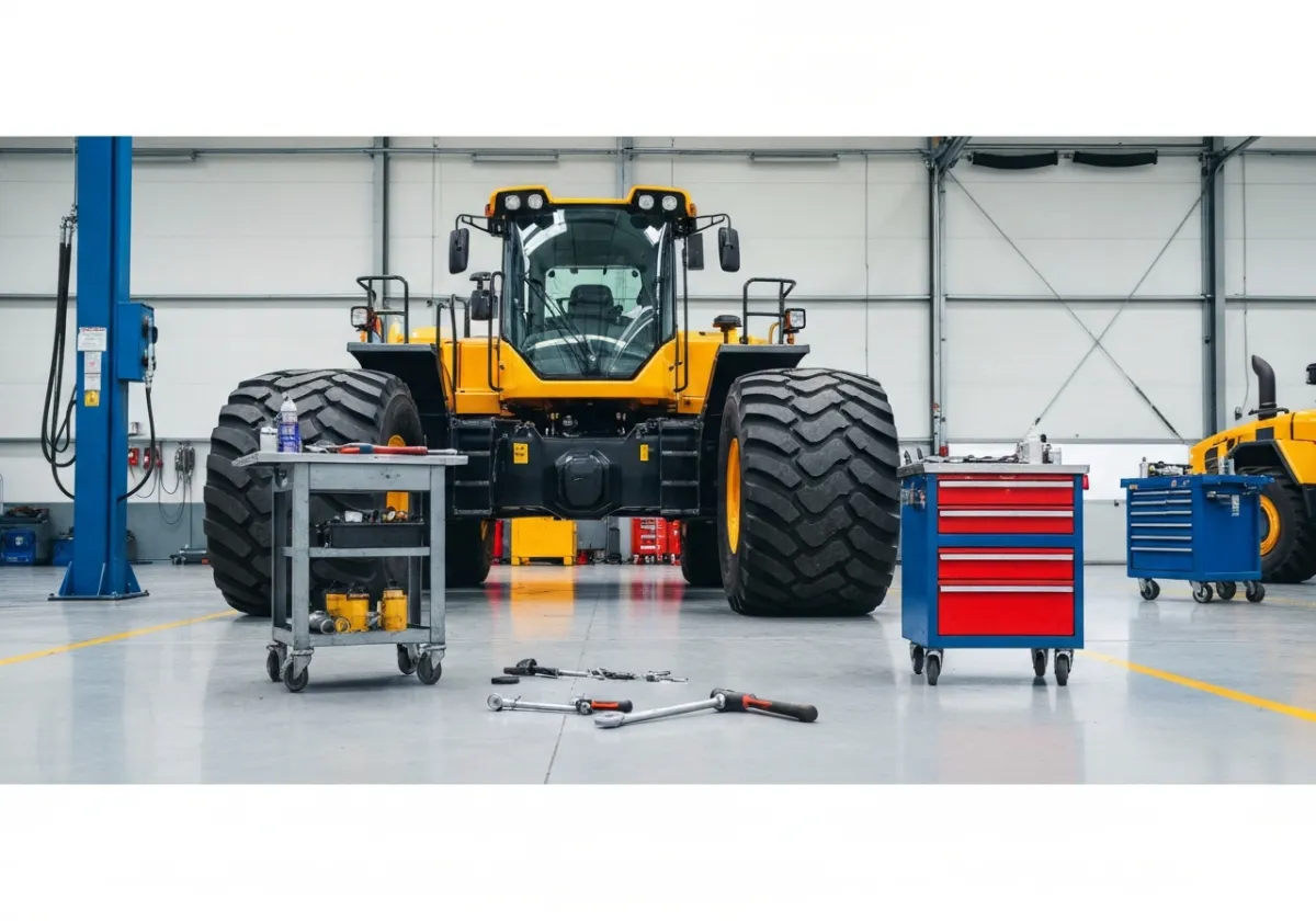 Mechanic's workspace with tools spread out in front of heavy machinery tires.
