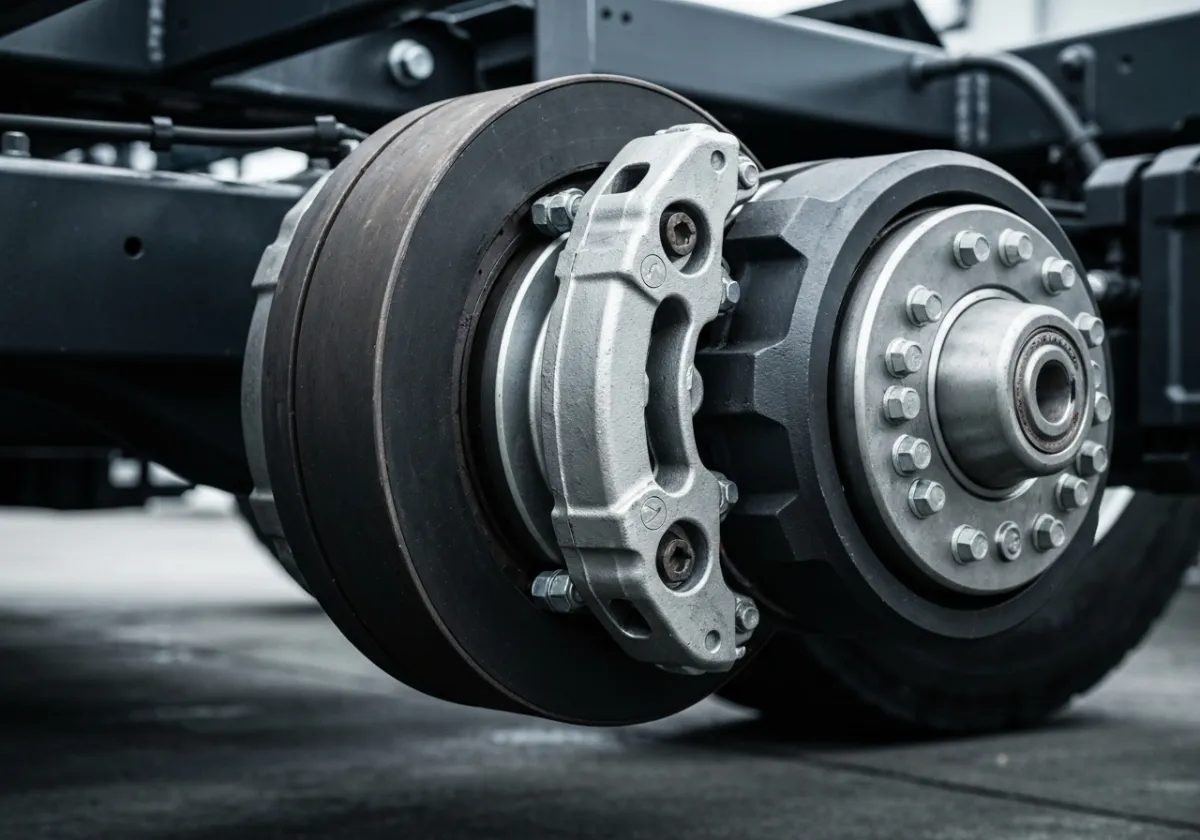 Close up of brake components on a large axle.