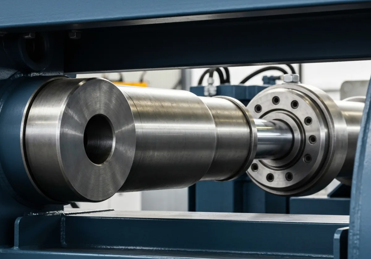 Close-up of a large hydraulic ram on heavy machinery.