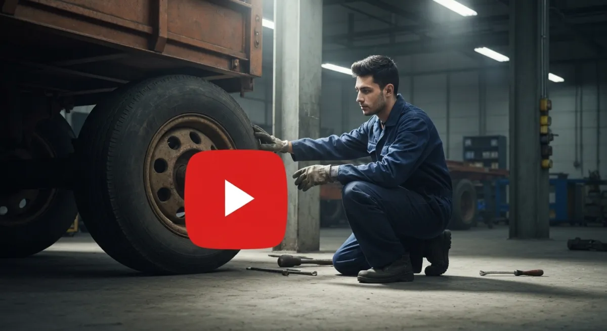 Video thumbnail showing a mechanic kneeling beside a large trailer wheel inside a dimly lit workshop, overlaid with a prominent red play button icon.