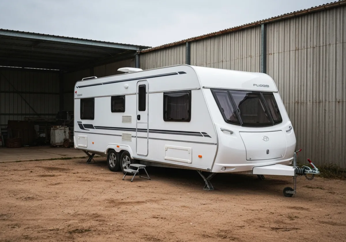 White caravan/trailer parked in a dusty yard.
