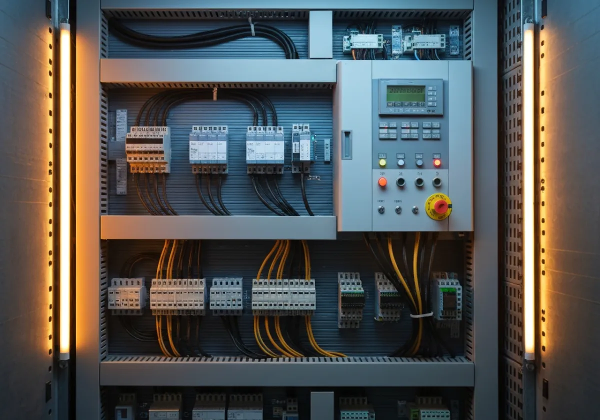 Industrial PLC control panel and motor control wiring inside an automated manufacturing plant