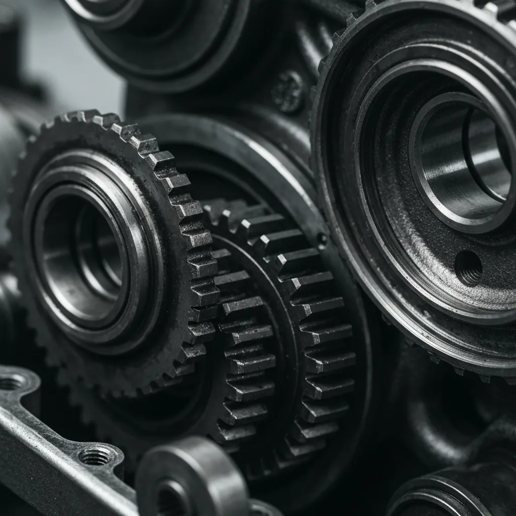 Close up view of dirty mechanical gears and engine parts.