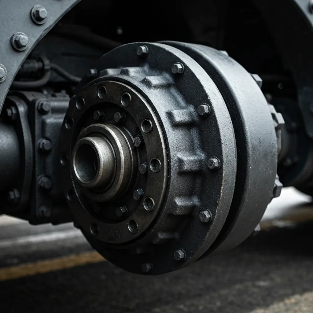 View of a greasy heavy-duty wheel hub assembly on a large vehicle.
