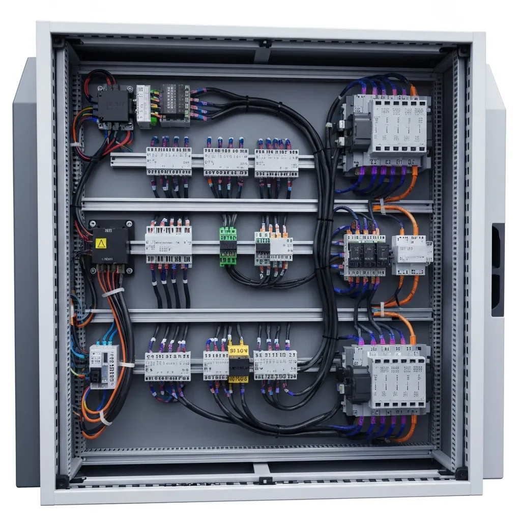 Complex wiring harness and electrical components exposed inside a machinery panel.