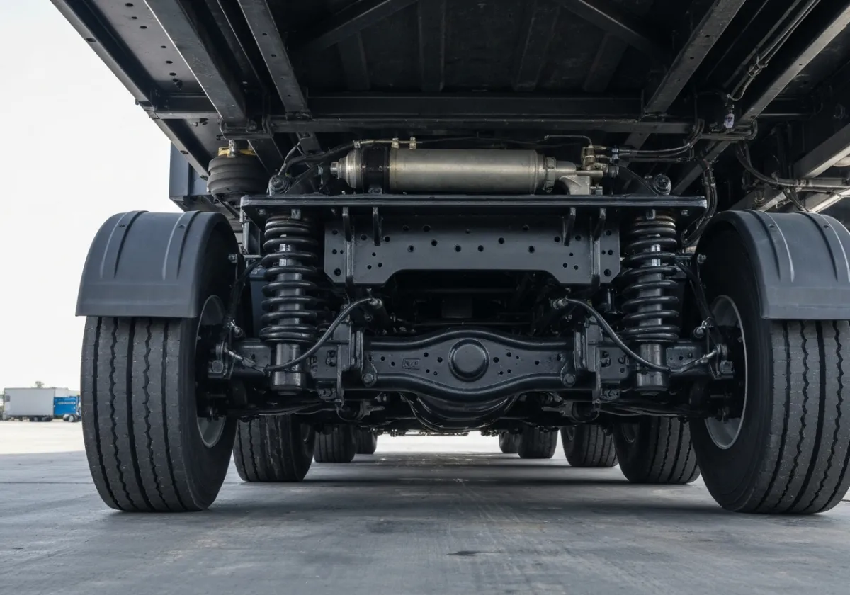 Underneath a large truck showing suspension components.