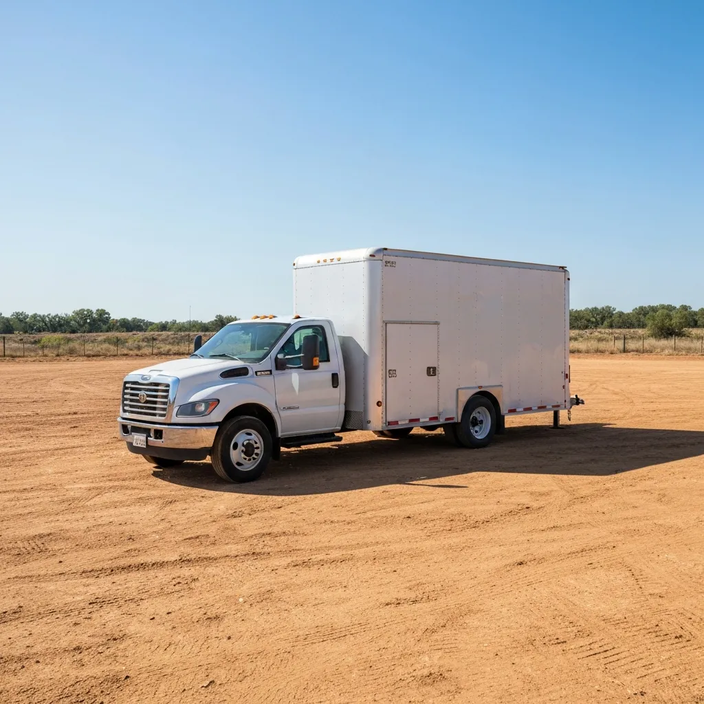 A white service truck parked in an open dirt area beside a trailer.