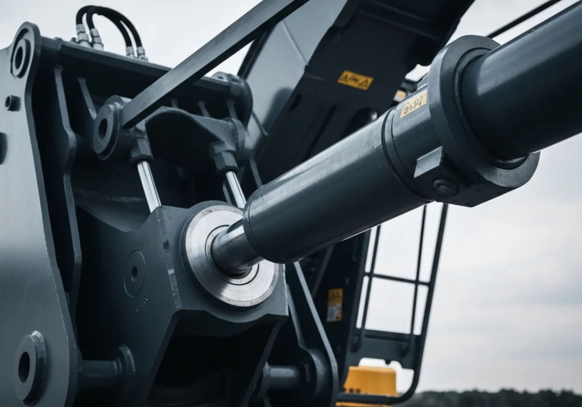 Close up of a hydraulic cylinder extended on a heavy machine.