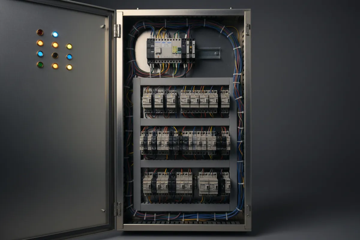 Industrial control panel with custom PLC wiring
