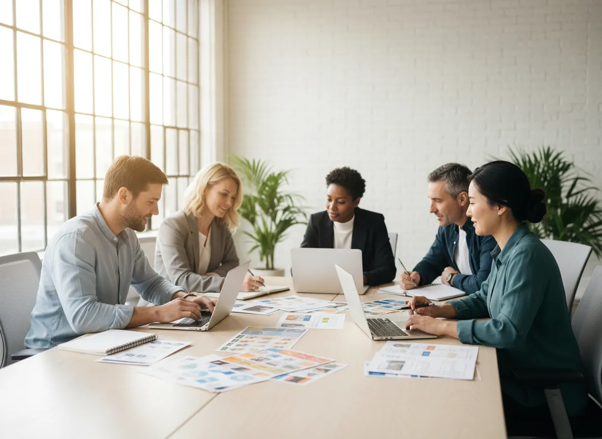 Propietarios de pequeñas empresas colaborando en un taller de marketing