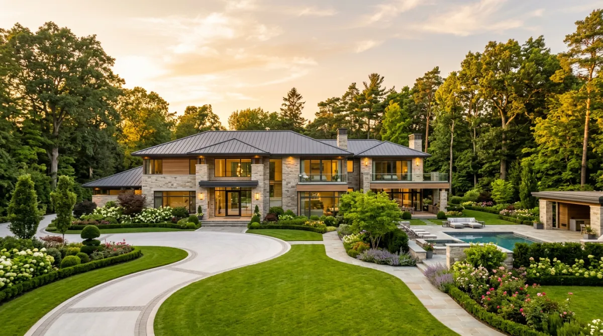 Beautiful mansion with golden hour lighting, surrounded by manicured gardens and tall trees.
