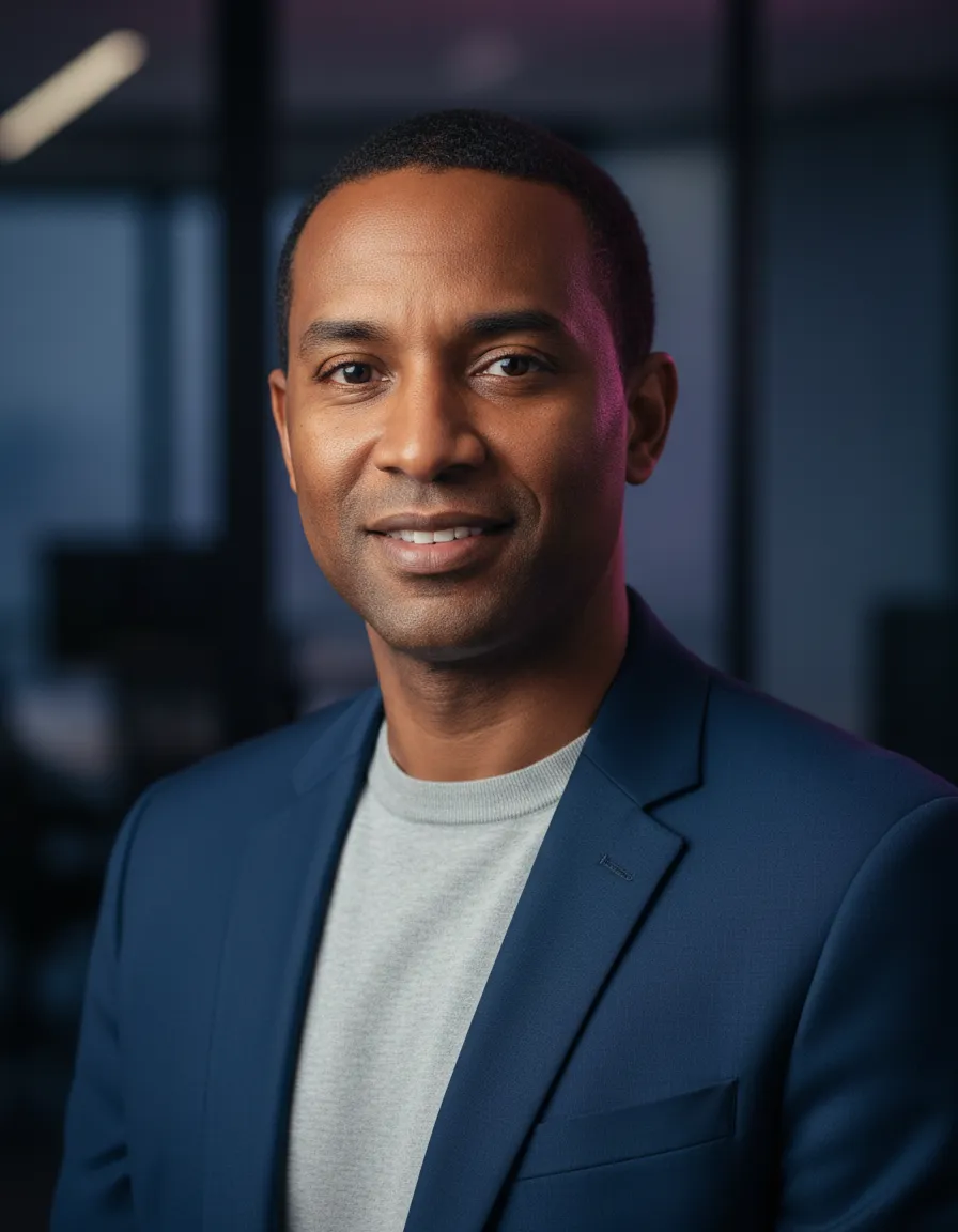 Professional headshot of Femi Dade in a modern office environment