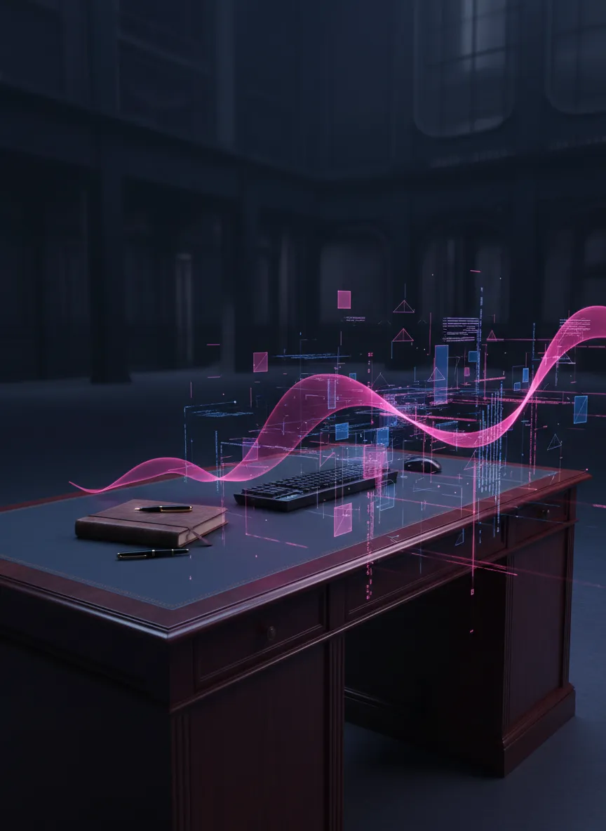 Stark visual representing AI digital matrix taking over a traditional office desk