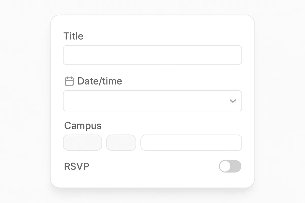 Close-up of the widget’s Events tab with title, date/time, campus dropdown, category tags, and RSVP toggle.