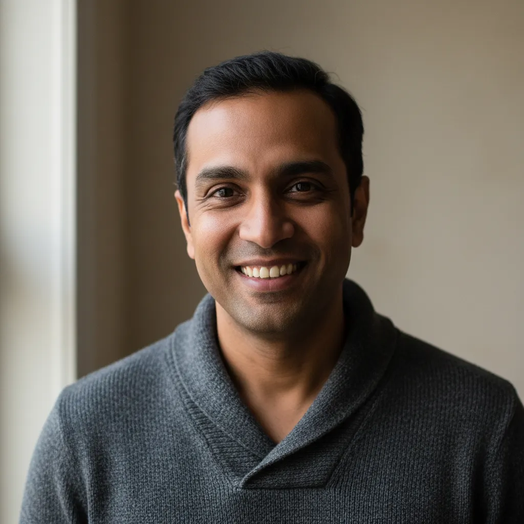 Close-up 1:1 portrait of a smiling parent, late 30s, mixed-ethnicity, casual sweater, soft diffused light, neutral shallow background, warm friendly expression, photorealistic headshot emphasizing authenticity and trust.