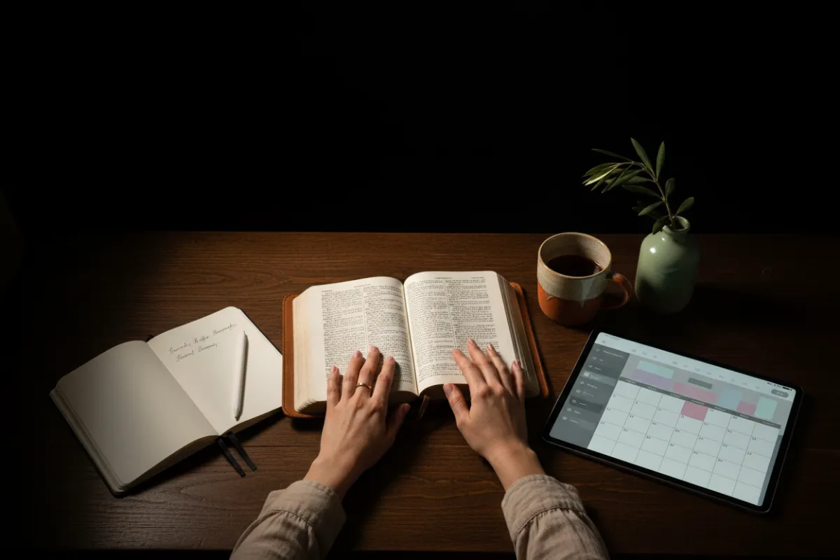 A woman studying scripture with a journal