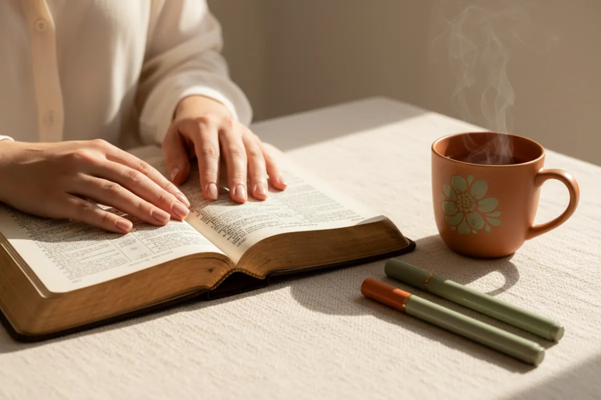 A woman's hands resting on an open Bible