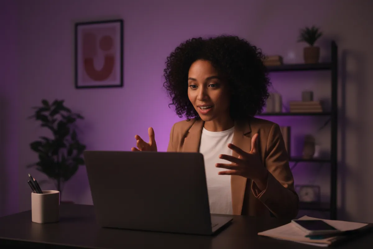 Woman of color speaking clearly on video call